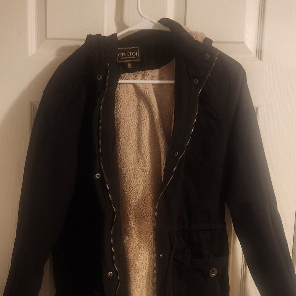 Black Sherpa-Lined Utility Parka Jacket